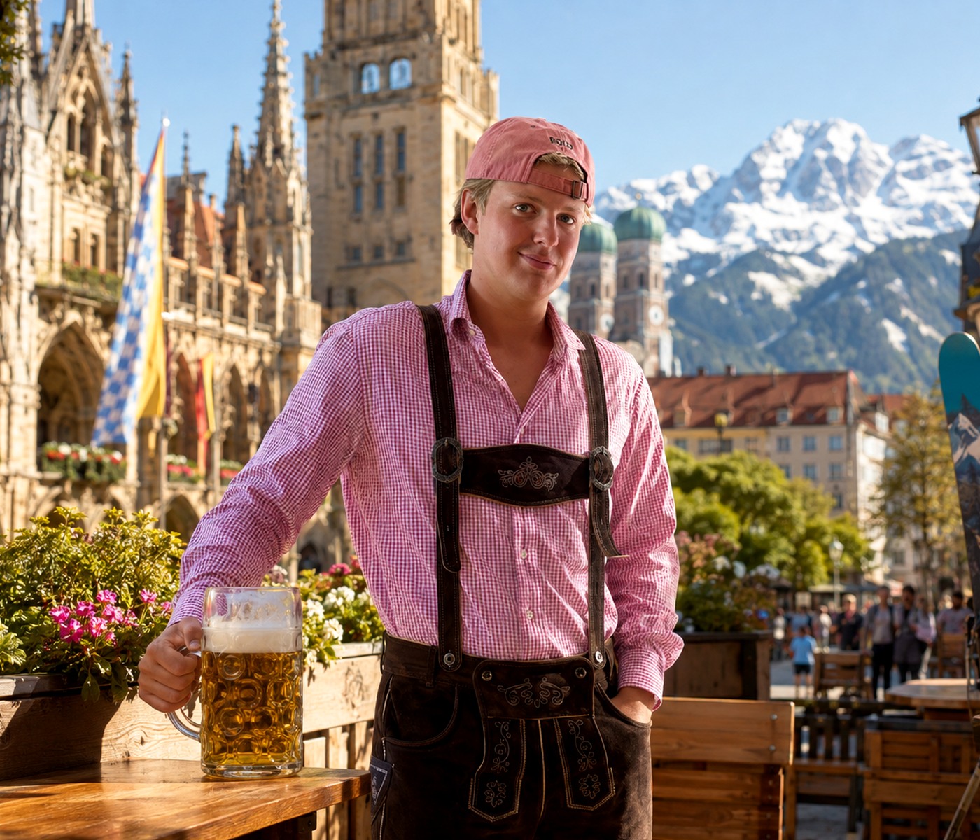 Bertram i lederhosen med München, øl og sneklædte Alper i baggrunden